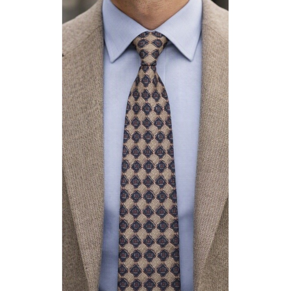 Ike Behar New York Mens Silk Tie Italy Geometric Diamond Tan Navy Burgundy Lux